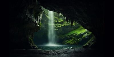 waterval en steen kopiëren ruimte wazig achtergrond, ai gegenereerd foto