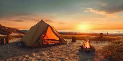 kamp tent Aan strand zand vakantie zonsondergang achtergrond. ai gegenereerd foto