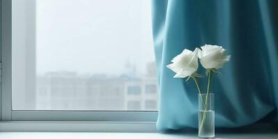 wit roos bloem en venster met zon licht kopiëren ruimte wazig achtergrond, ai gegenereerd foto