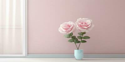 roze roos bloem en venster met zon licht kopiëren ruimte wazig achtergrond, ai gegenereerd foto