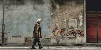 mentaal Gezondheid een oud Mens en wandelen straat kopiëren ruimte achtergrond, ai gegenereerd foto