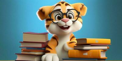 baby tijger met zonnebril en boek schattig dier klei tekenfilm, ai gegenereerd foto