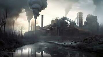 een fabriek is tonen rook komt eraan uit van het, in de stijl van somber metropolen, milieu bewustzijn foto
