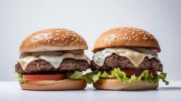 kant visie van een hamburger Aan een donker rustiek achtergrond met rundvlees en room kaas realistisch detailopname foto ai generatief