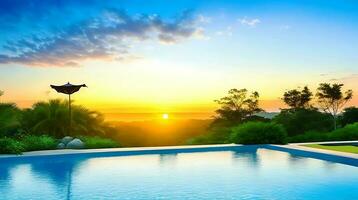 buitenshuis luxe zonsondergang zwemmen zwembad achtergrond ai gegenereerd foto