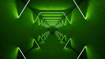 nacht club interieur groen lichten 3d geven voor laser show. gloeiend groen lijnen. abstract fluorescerend groen achtergrond. groen neon kamer gang achtergrond. licht abstract futuristische ontwerp. foto