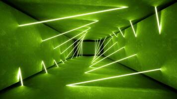 nacht club interieur groen lichten 3d geven voor laser show. gloeiend groen lijnen. abstract fluorescerend groen achtergrond. groen neon kamer gang achtergrond. licht abstract futuristische ontwerp. foto