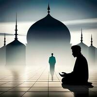 silhouet voorwerp in de moskee, moslim mensen bidden met de atmosfeer van een moskee in de midden- oosten, mooi zo naar gebruik voor bedrijf, blog, presentatie, religieus. door ai generatief beeld foto