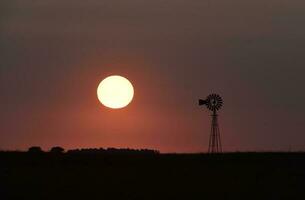 windmolen in platteland Bij zonsondergang, pampa, patagonië, argentinië. foto