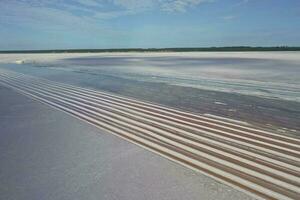 zout oogst in zout lagune de mijne, salinas grandes de hidalgo, la pampa, Patagonië, Argentinië. foto