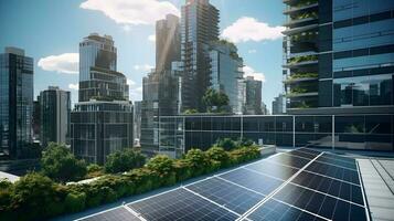 illustratie zonne- panelen met gebouwen in achtergrond. ecologisch, schoon energie , zonne- cellen. generatief ai foto