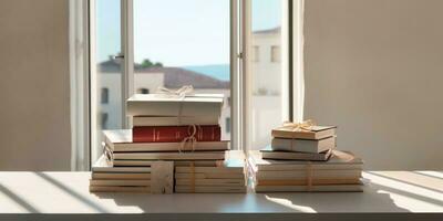 stack van boeken en venster met zonlicht wazig achtergrond, ai gegenereerd foto