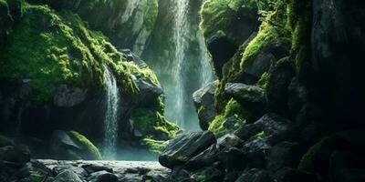 waterval en steen kopiëren ruimte wazig achtergrond, ai gegenereerd foto