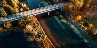 rivier, berg en brug antenne foto landschap, ai gegenereerd