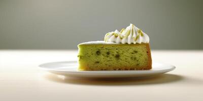 matcha cak Aan wit tafel voor koffie breken tussendoortje, ai genererenen foto