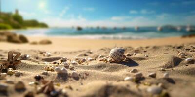 blauw rietje hoed Aan strand zand vakantie achtergrond. ai gegenereerd foto