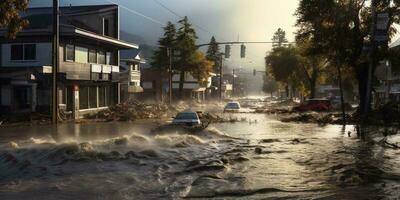 overstroming natuurlijk rampen beïnvloeden de omgeving, ai gegenereerd foto
