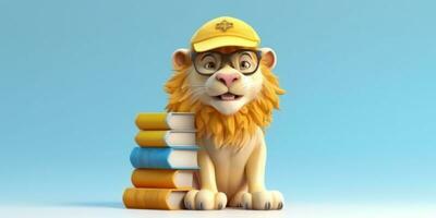 weinig leeuw met zonnebril en boek schattig dier klei tekenfilm, ai gegenereerd foto