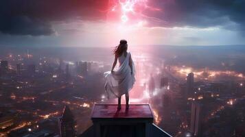 een vrouw staand Aan een gebouw met bliksem opvallend de lucht. generatief ai foto