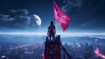 een vrouw staand Aan een toren met een vlag. generatief ai foto