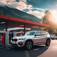 filmische auto schot geparkeerd Bij een wit dak en rood pool gas- station. generatief ai foto