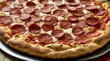 een culinaire meesterwerk vieren nationaal peperoni pizza dag met een perfect gebakken pizza pan. ai gegenereerd. foto