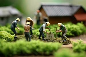 generatief ai illustratie van miniatuur mensen, team boer werk met concept landbouw, bedrijf concept foto