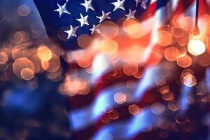 generatief ai illustratie van Verenigde staten van Amerika vlag, Verenigde Staten van Amerika vlag, vuurwerk en bokeh achtergrond. concept nationaal vakantie, vlag dag, veteranen dag, gedenkteken dag, onafhankelijkheid dag, patriot dag foto