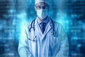 generatief ai illustratie van Gezondheid zorg dokter met dubbele blootstelling ontwerp in zijn lichaam met een ziekenhuis, blauw kleuren foto
