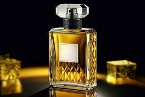 generatief ai illustratie van een parfum fles, uitdrukken zoet romantiek, tonen de smaak van adel, klas, luxe met geel en zwart kleuren foto