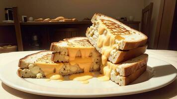 smelten geneugten vieren nationaal kaas geroosterd brood dag met een perfect gesmolten kaas mes. ai gegenereerd. foto