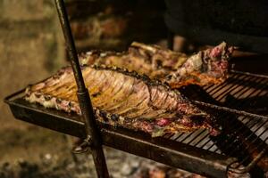 varken ribben barbecue , Patagonië, Argentinië foto