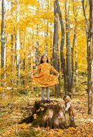 weinig kind meisje met herfst oranje bladeren in een park. levensstijl, vallen seizoen en kinderen concept. foto