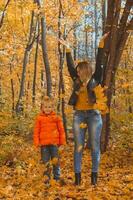 single ouder familie spelen met herfst bladeren in park. gelukkig mam en zoon Gooi herfst bladeren omhoog in vallen park. foto