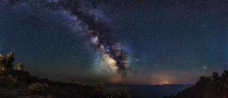 panoramische miliky manier over de Egeïsche zee. melkwegstelsel van schiereiland kassandra, halkidiki, griekenland. de nachtelijke hemel is astronomisch nauwkeurig. foto