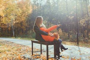 single ouder moeder en kind jongen in de herfst in park zitten Aan bank. vallen seizoen en familie concept. foto