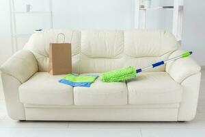 blauw en groen plastic dweilen met verstelbaar omgaan met aan het liegen Aan bankstel - gereedschap voor schoonmaak Diensten en huiselijk werk huishouding foto