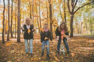 grootmoeder en moeder met kleindochter Gooi omhoog vallen bladeren in herfst park en hebben plezier. generatie, vrije tijd en familie concept. foto