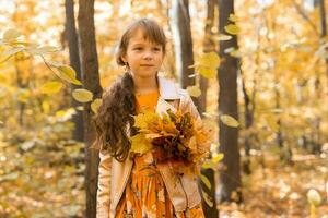 weinig kind meisje met herfst oranje bladeren in een park. levensstijl, vallen seizoen en kinderen concept. foto