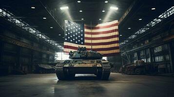 Amerikaans tank met de vlag net zo achtergrond gedurende onafhankelijkheid dag, gegenereerd door kunstmatig intelligentie- foto