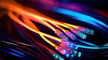 gekleurde elektrisch kabels en LED. optisch vezel, intens kleuren, achtergrond voor technologie beeld en nieuw bedrijf trends gemaakt generatief ai foto