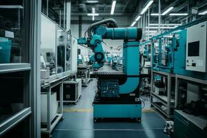 robot armen in een fabriek. robotica in industrie concept. generatief ai foto