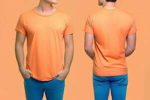 foto realistisch mannetje oranje t-shirts met kopiëren ruimte, voorkant, en terug visie. ai gegenereerd