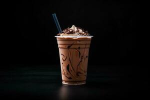 chocola milkshake in plastic meenemen kop geïsoleerd Aan zwart achtergrond. ai gegenereerd foto