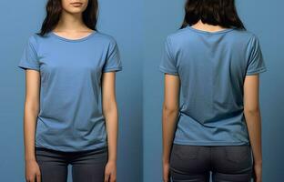 foto realistisch vrouw blauw t-shirts met kopiëren ruimte, voorkant, en terug visie. ai gegenereerd