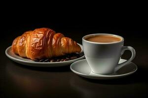 kop van koffie en croissants geïsoleerd Aan een zwart achtergrond. ai gegenereerd foto