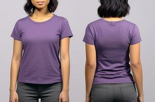 foto realistisch vrouw Purper t-shirts met kopiëren ruimte, voorkant, en terug visie. ai gegenereerd