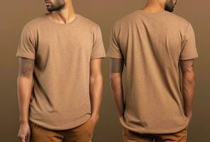 foto realistisch mannetje beige t-shirts met kopiëren ruimte, voorkant, en terug visie. ai gegenereerd