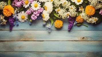 boeket van geel bloemen. tuin bloemen over- houten achtergrond. kopiëren ruimte. vlak leggen. foto