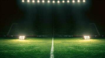 stadion lichten in de nacht. groen voetbal veld- helder schijnwerpers nog steeds leven. ai gegenereerd foto
